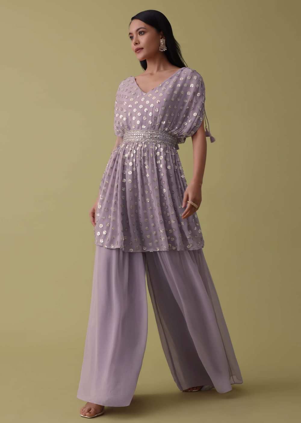 Lavender Purple Palazzo Top Set In Georgette With Sequins Work