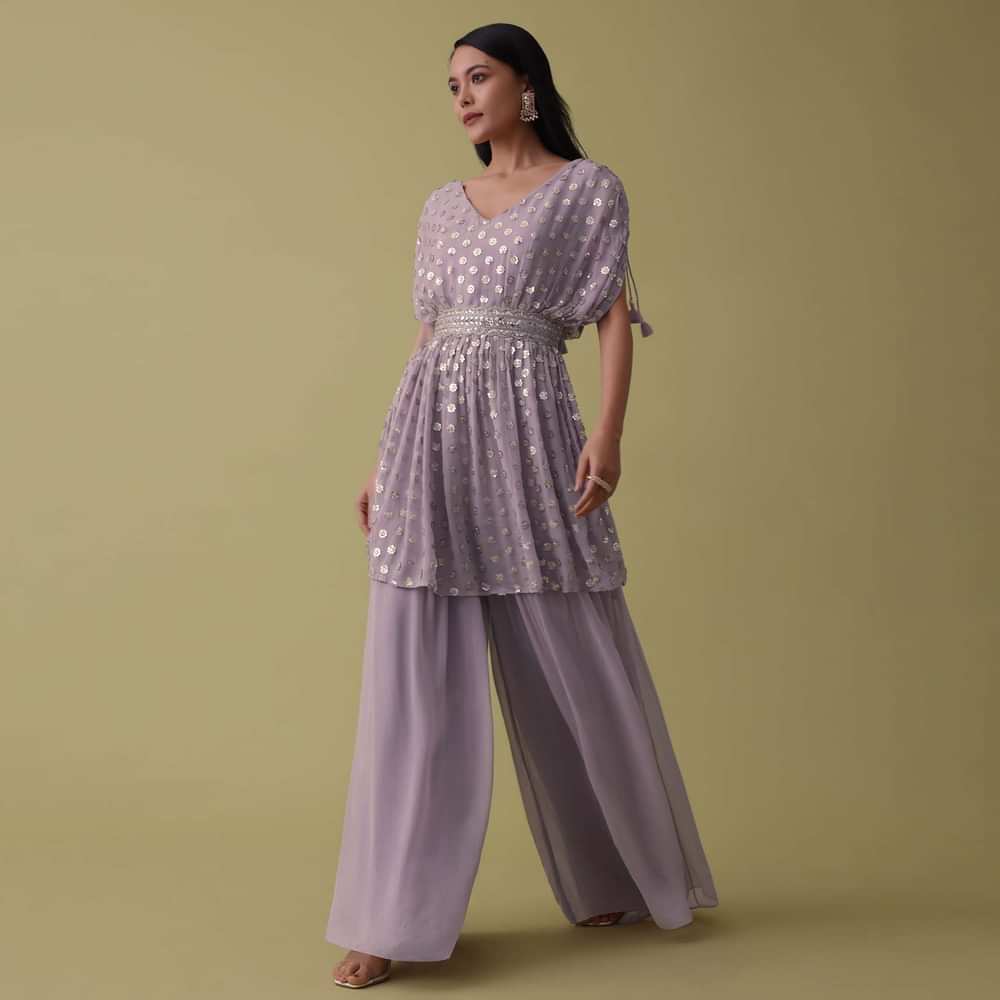 Lavender Purple Palazzo Top Set In Georgette With Sequins Work