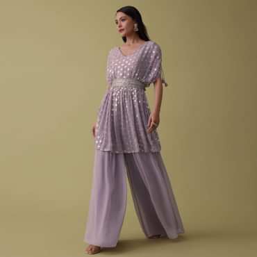 Lavender Purple Palazzo Top Set In Georgette With Sequins Work