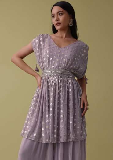 Lavender Purple Palazzo Top Set In Georgette With Sequins Work