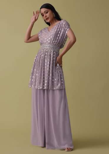 Lavender Purple Palazzo Top Set In Georgette With Sequins Work