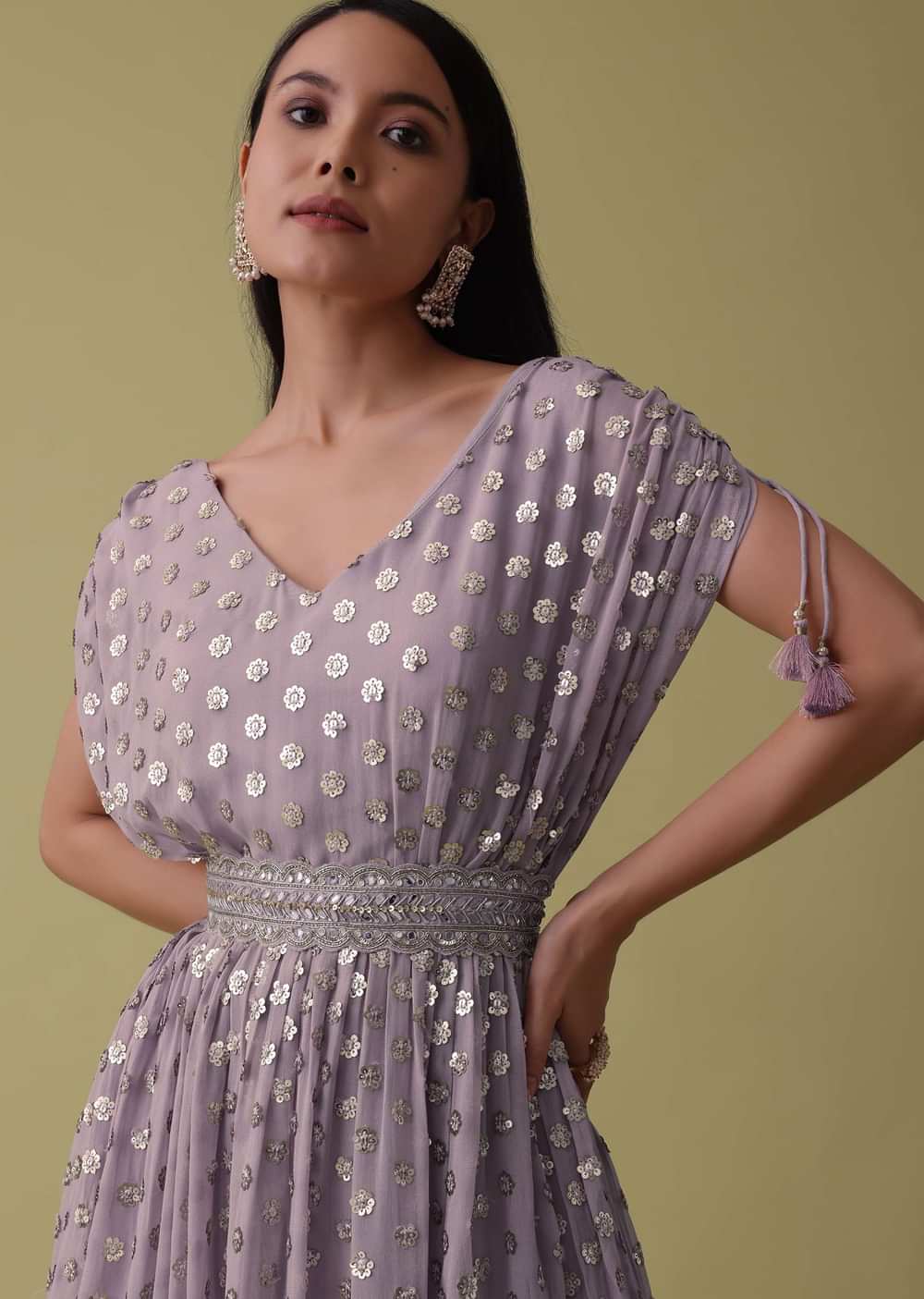 Lavender Purple Palazzo Top Set In Georgette With Sequins Work