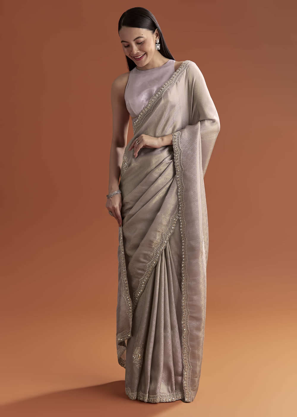 Lavender Satin Saree With Sequin And Bead Embroidery