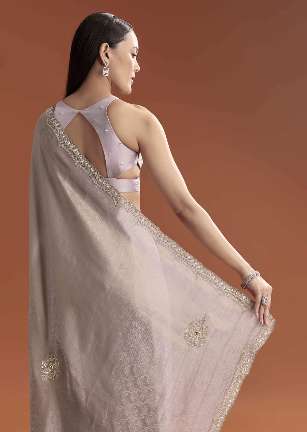 Lavender Satin Saree With Sequin And Bead Embroidery
