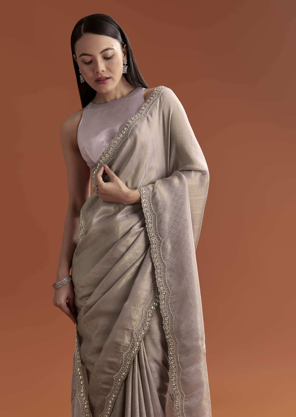 Lavender Satin Saree With Sequin And Bead Embroidery