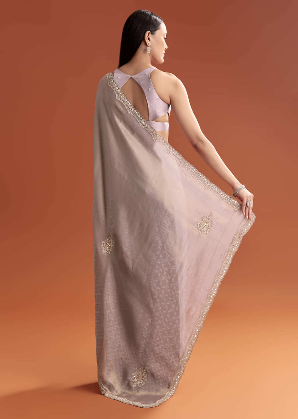 Lavender Satin Saree With Sequin And Bead Embroidery