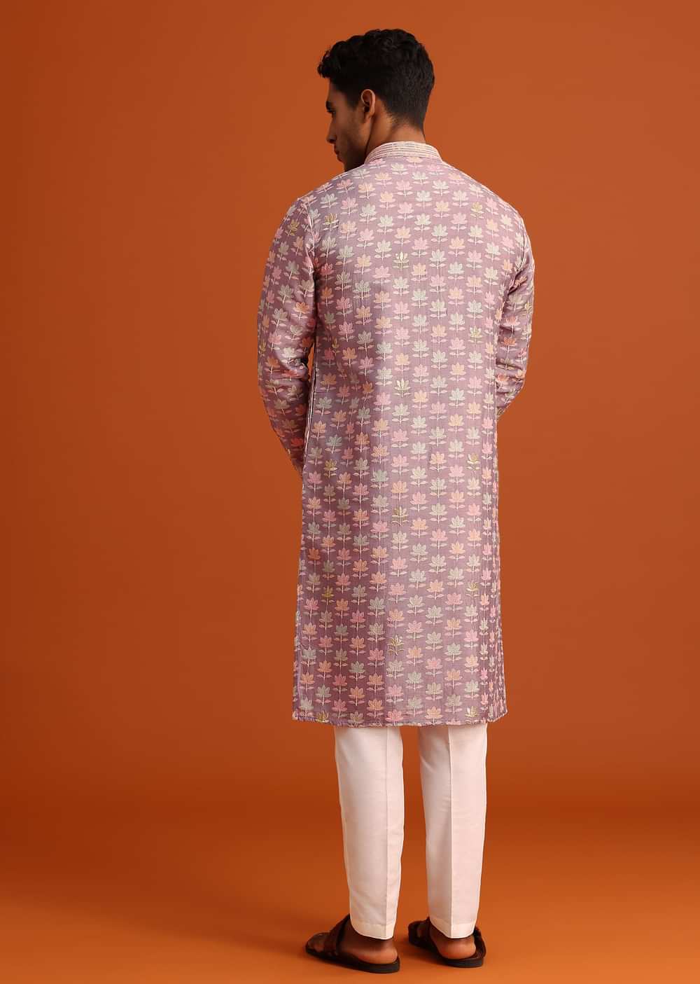 Lavender Silk Kurta And Pant Set With Printed Work