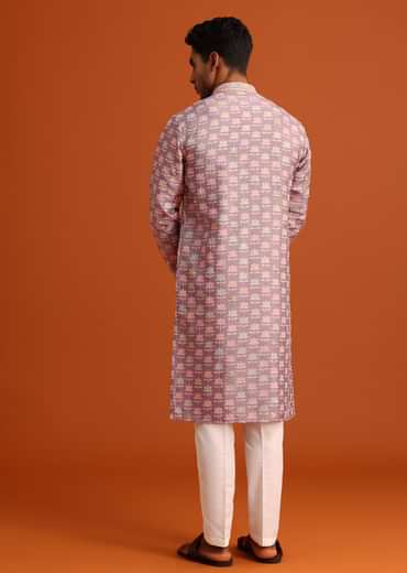 Lavender Silk Kurta And Pant Set With Printed Work