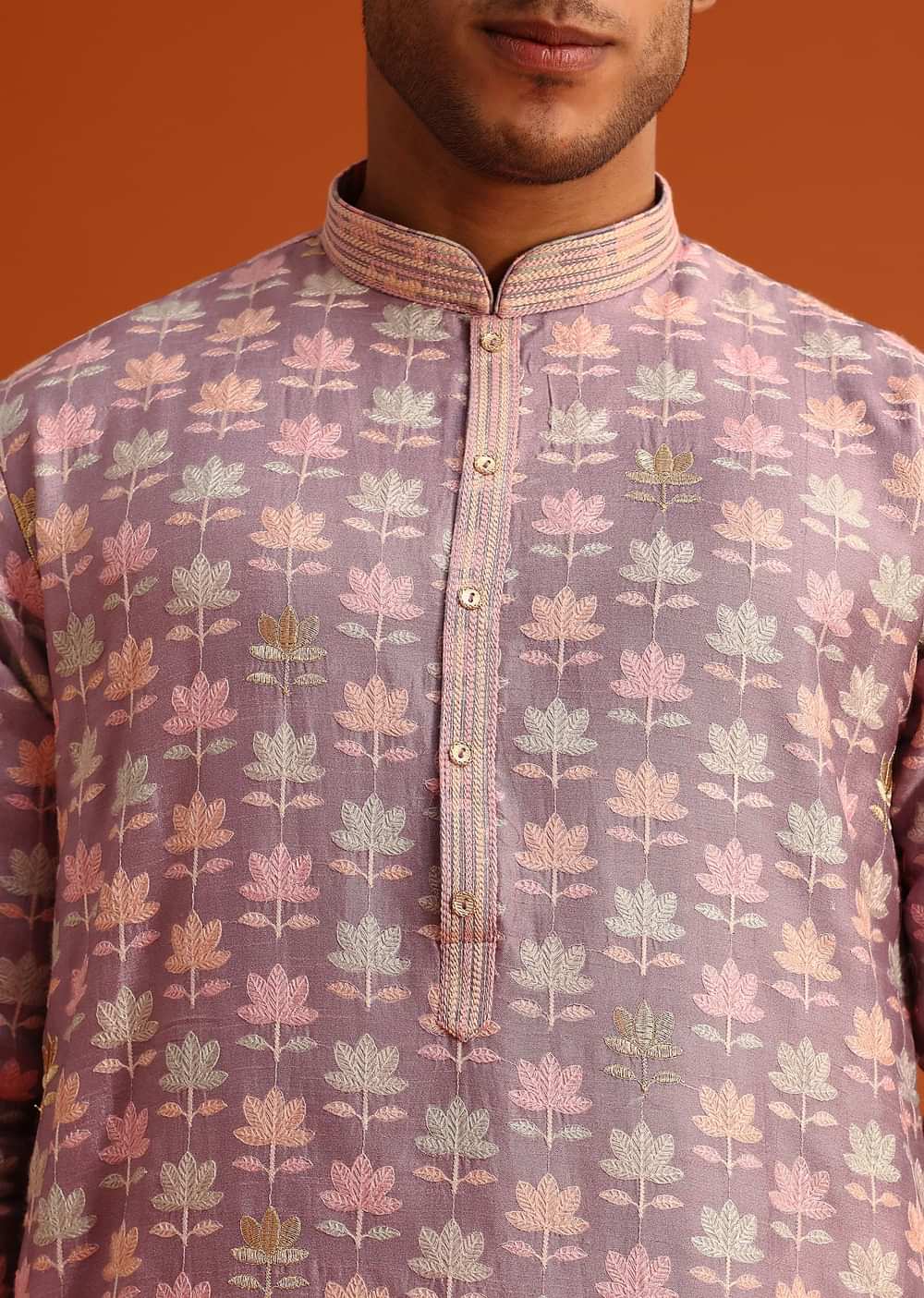 Lavender Silk Kurta And Pant Set With Printed Work
