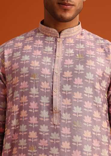 Lavender Silk Kurta And Pant Set With Printed Work