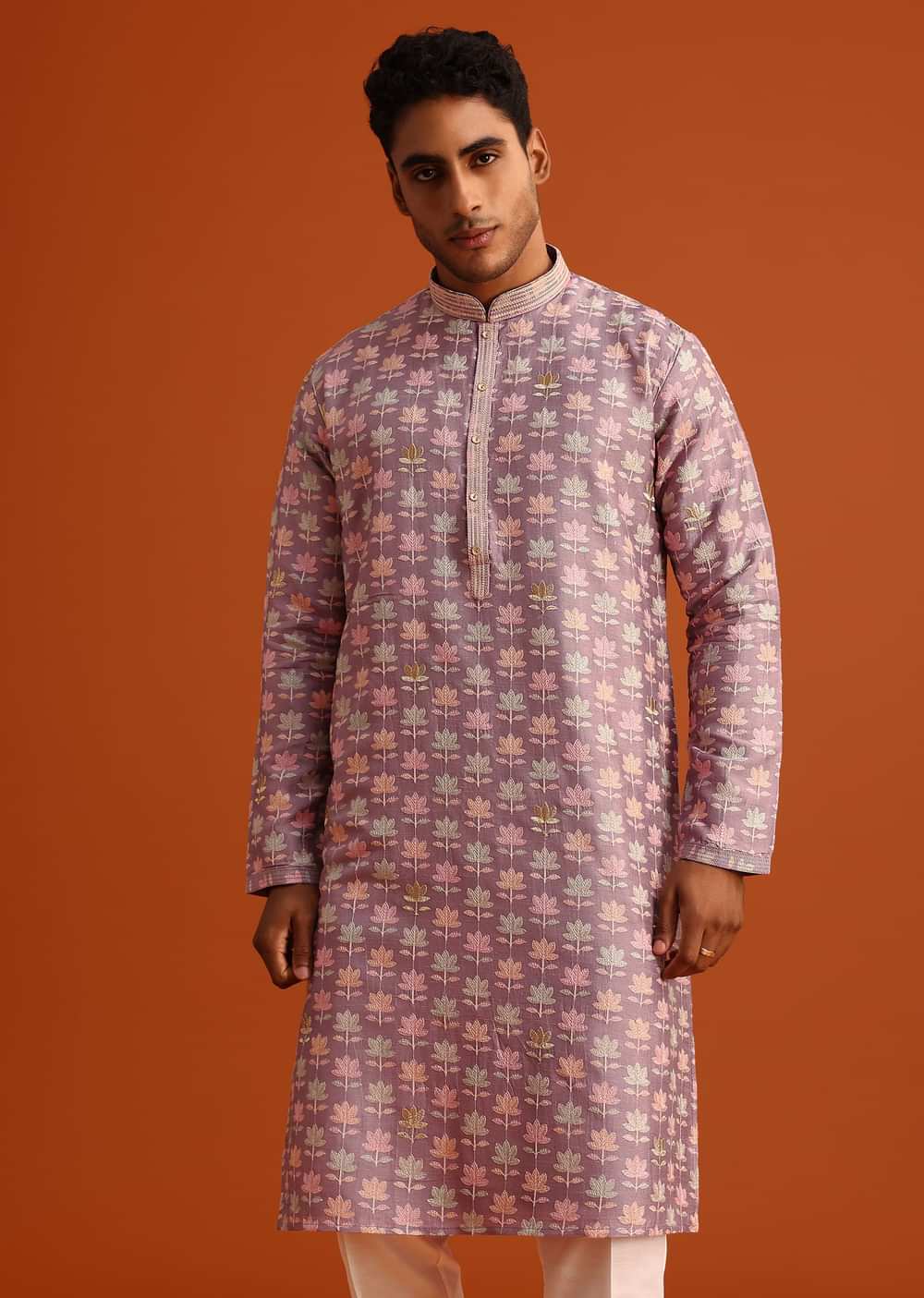 Lavender Silk Kurta And Pant Set With Printed Work