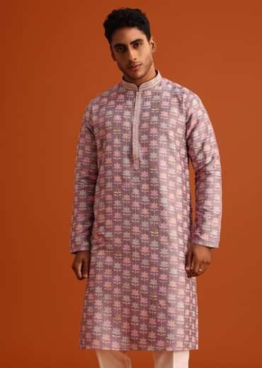 Lavender Silk Kurta And Pant Set With Printed Work