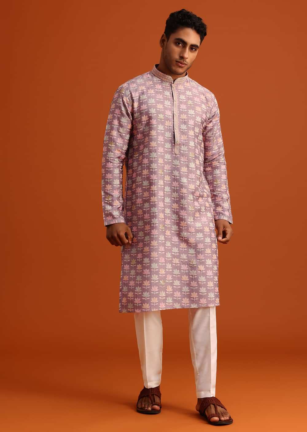 Lavender Silk Kurta And Pant Set With Printed Work
