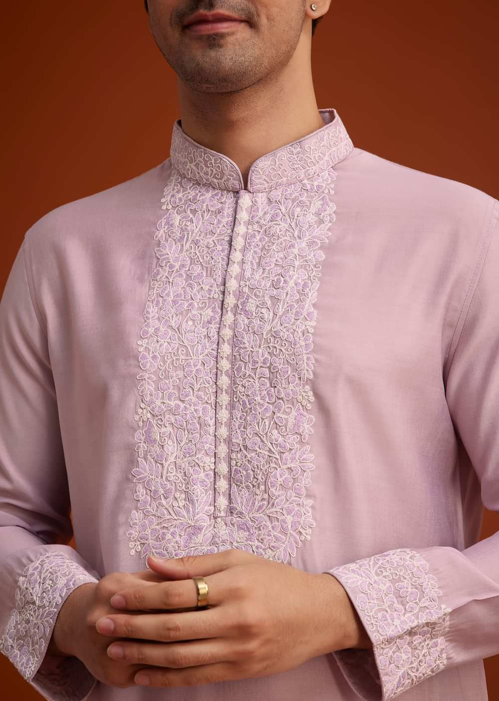 Lavender Silk Poly Viscose Kurta Set With Thread Embroidery