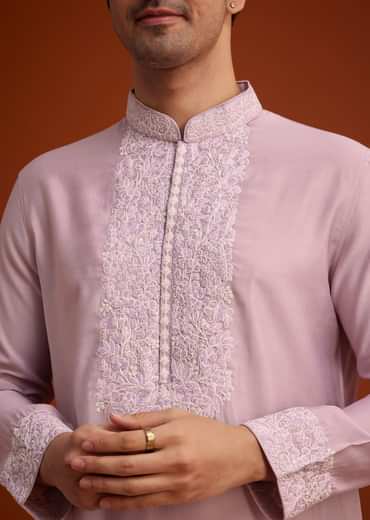 Lavender Silk Poly Viscose Kurta Set With Thread Embroidery