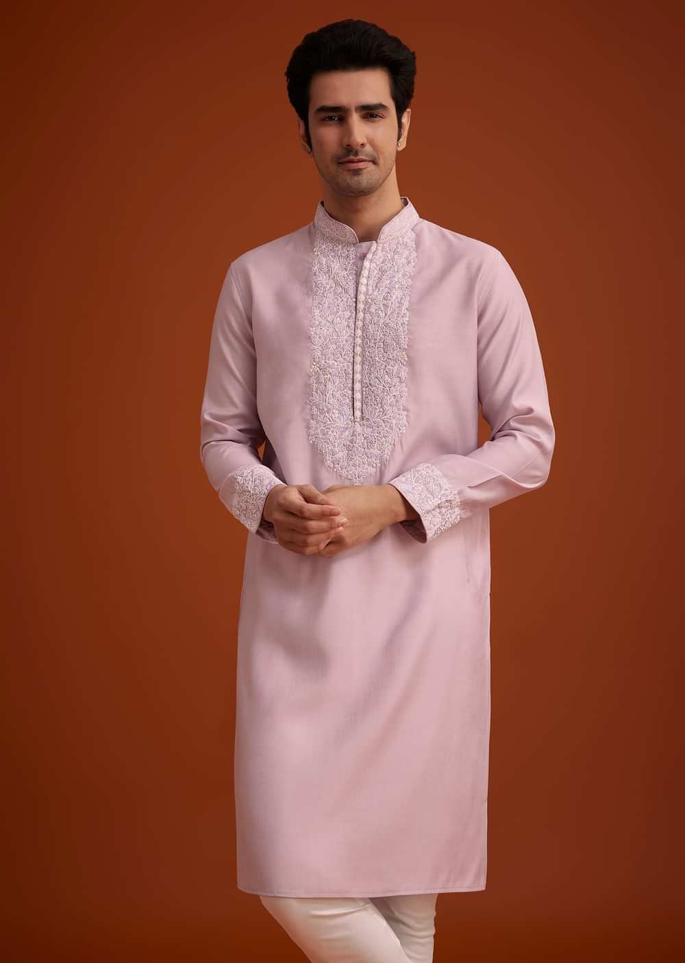 Lavender Silk Poly Viscose Kurta Set With Thread Embroidery