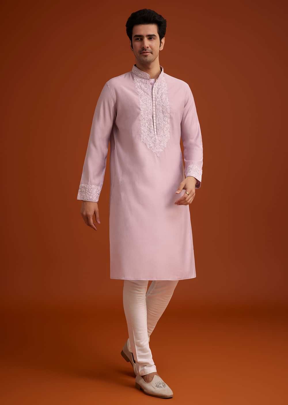 Lavender Silk Poly Viscose Kurta Set With Thread Embroidery