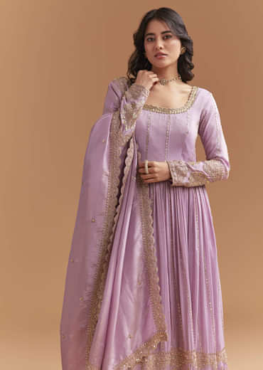Lavender Tissue Anarkali Suit With Sequins And Beads Work