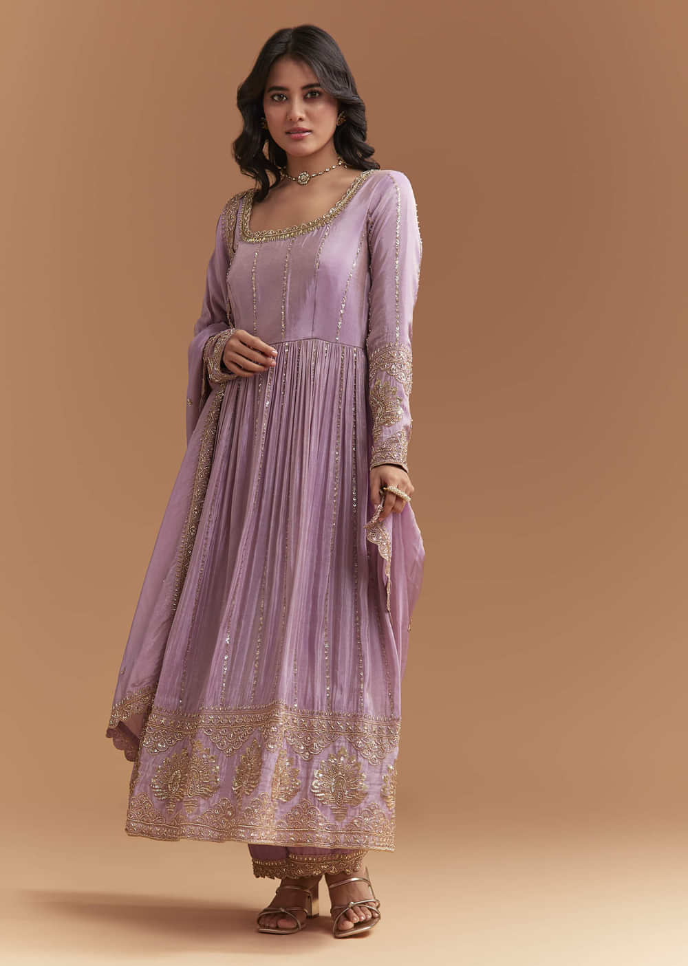 Lavender Tissue Anarkali Suit With Sequins And Beads Work