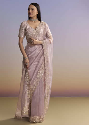 Lavender Tissue Saree With Zardosi And Sequin Embroidery