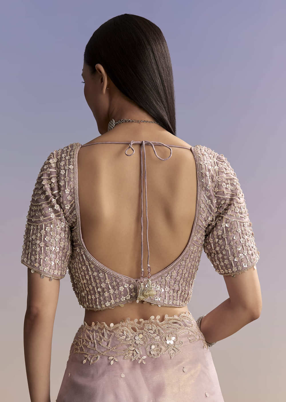 Lavender Tissue Saree With Zardosi And Sequin Embroidery