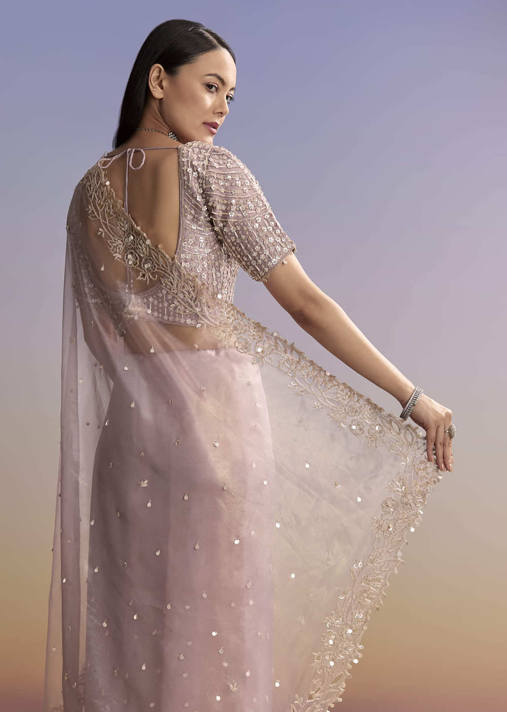 Lavender Tissue Saree With Zardosi And Sequin Embroidery