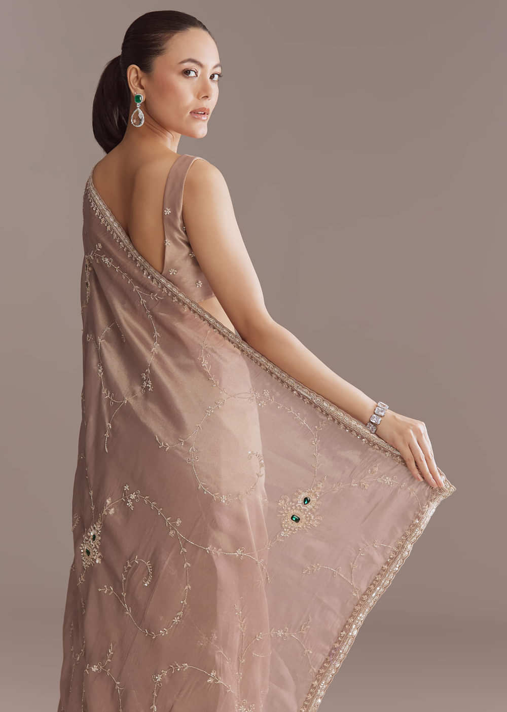 Lavender Tissue Saree With Heavy Floral Work