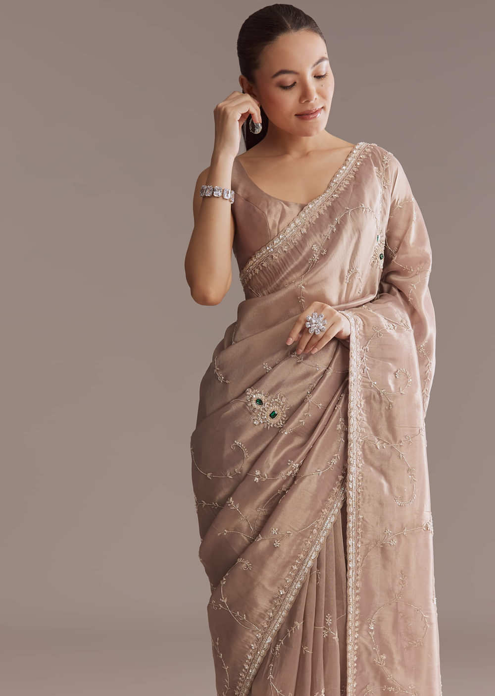 Lavender Tissue Saree With Heavy Floral Work