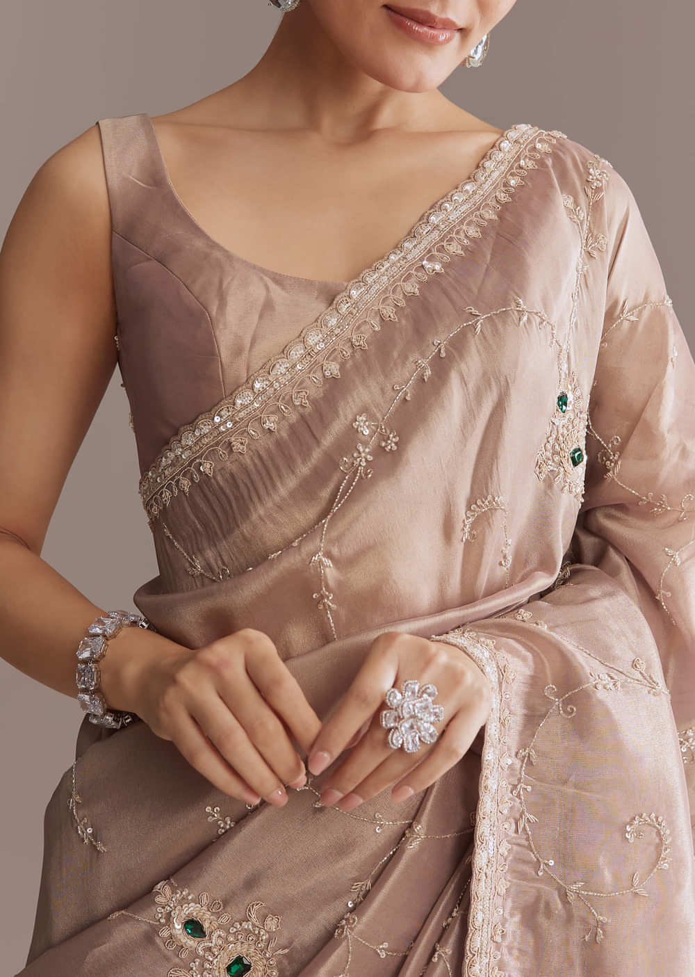 Lavender Tissue Saree With Heavy Floral Work