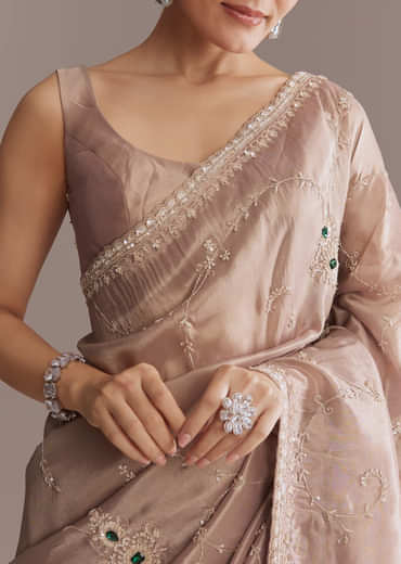 Lavender Tissue Saree With Heavy Floral Work