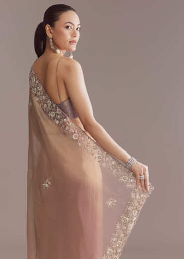 Lavender Tissue Saree With Heavy Floral Embroidery