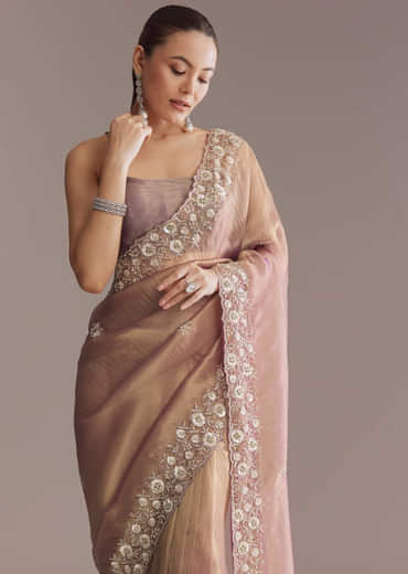 Lavender Tissue Saree With Heavy Floral Embroidery
