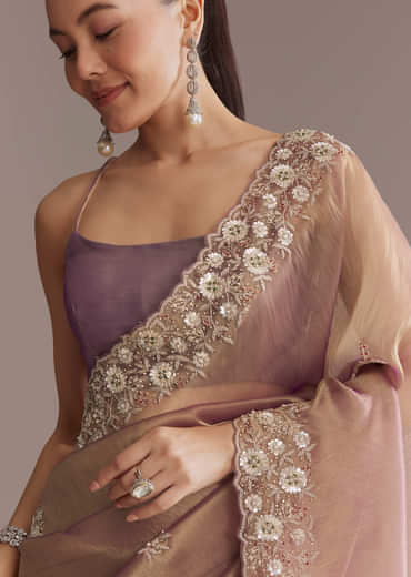 Lavender Tissue Saree With Heavy Floral Embroidery