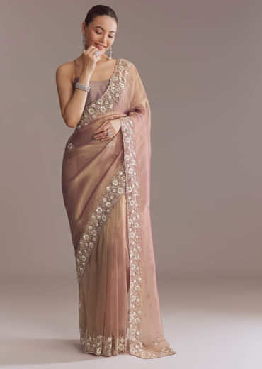 Lavender Tissue Saree With Heavy Floral Embroidery