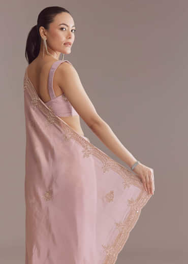 Lavender Tissue Saree With Heavy Hand Embroidery