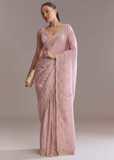 Lavender Tissue Saree With Heavy Hand Embroidery
