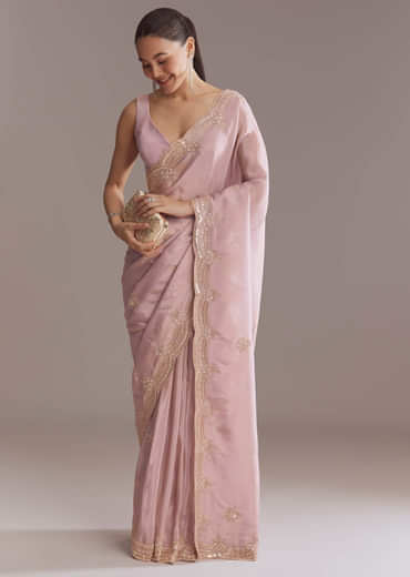 Lavender Tissue Saree With Heavy Hand Embroidery