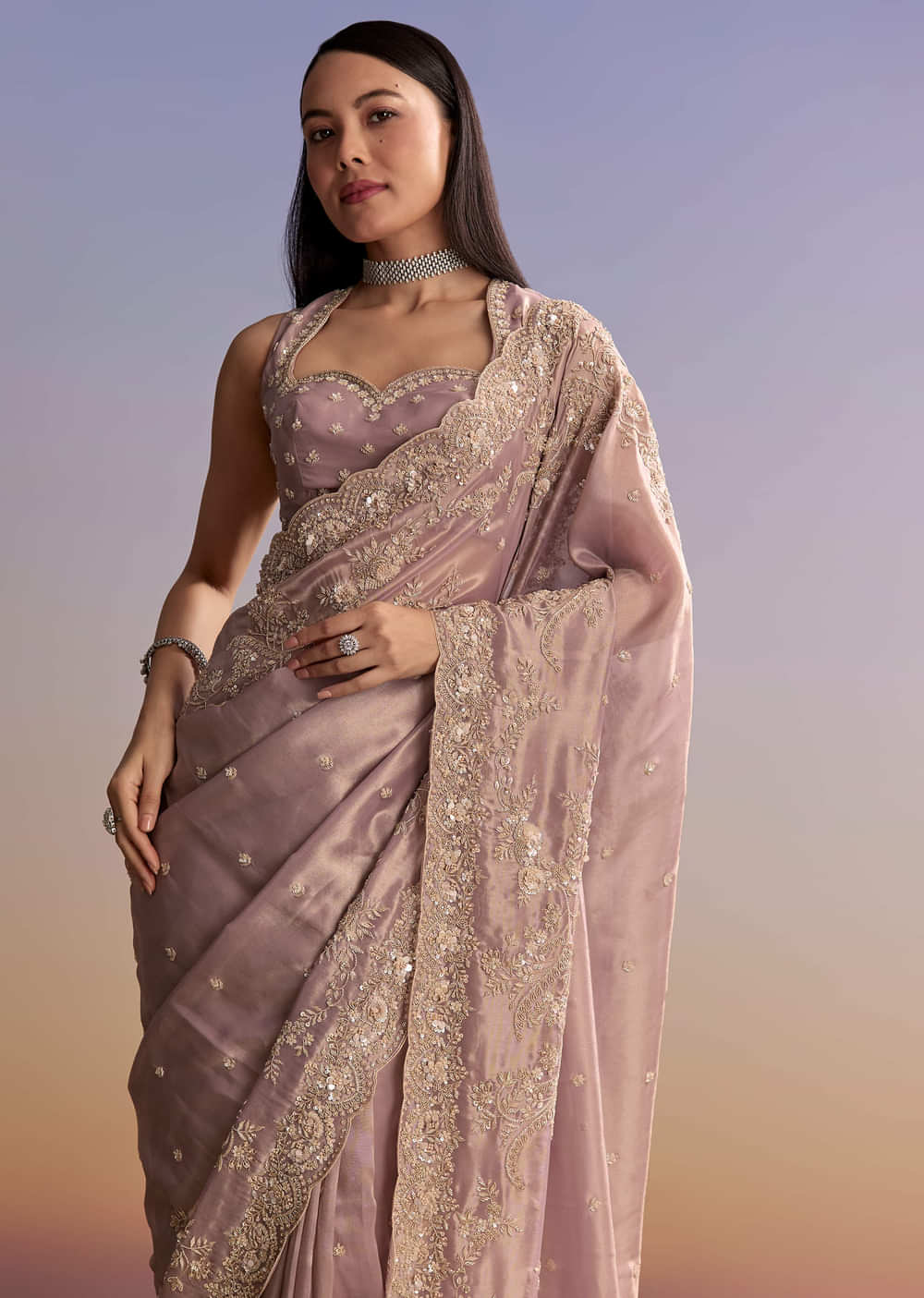 Lavender Tissue Saree With Zardosi And Sequin Embroidery