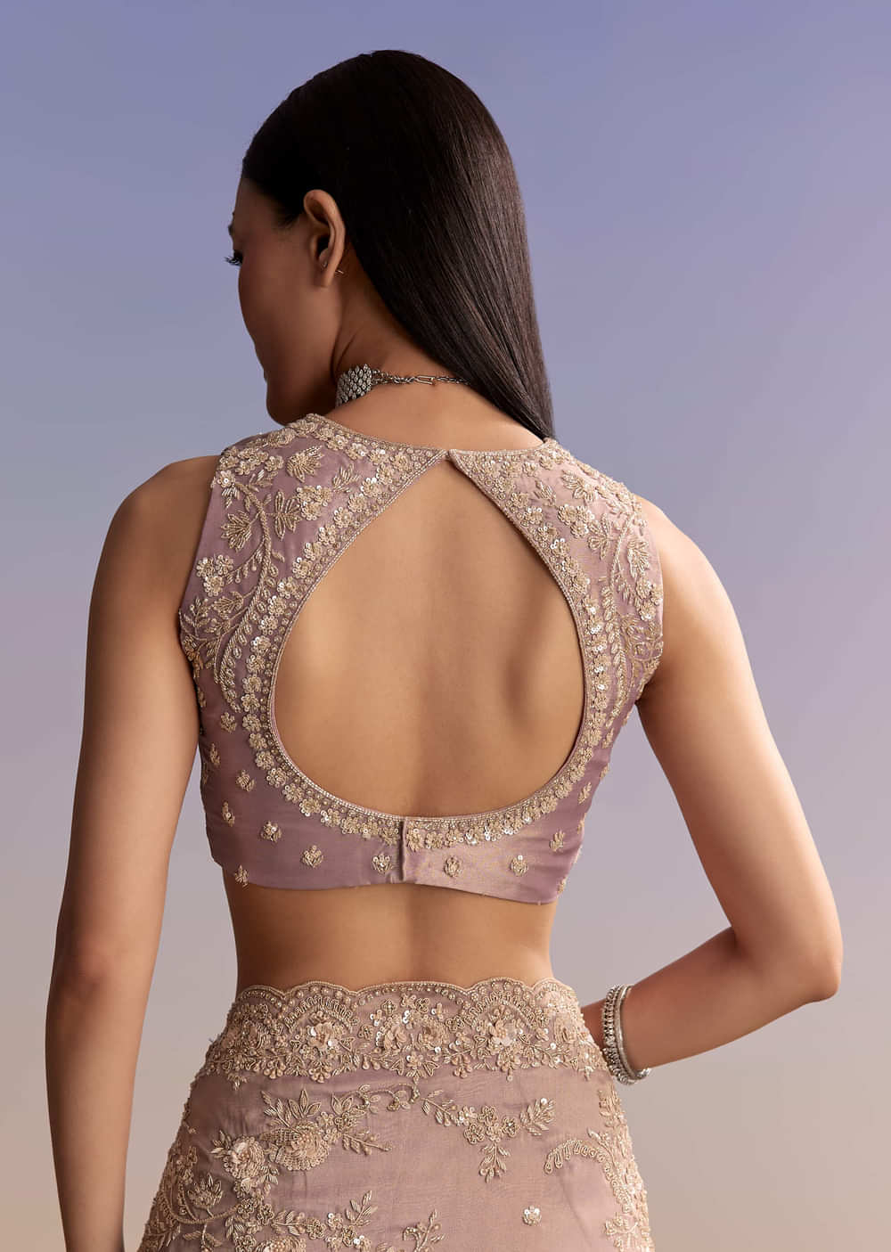 Lavender Tissue Saree With Zardosi And Sequin Embroidery