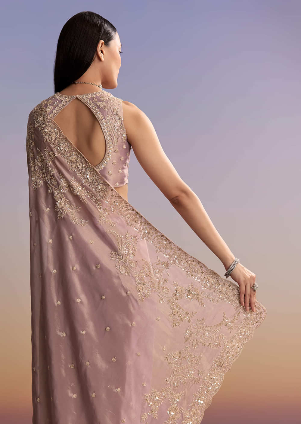 Lavender Tissue Saree With Zardosi And Sequin Embroidery