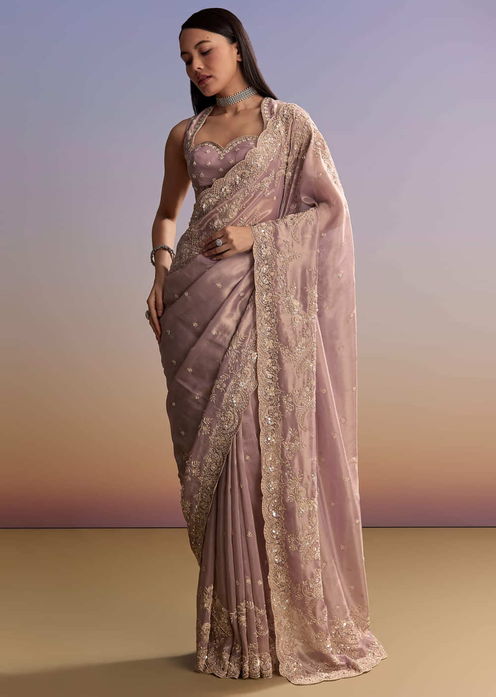 Lavender Tissue Saree With Zardosi And Sequin Embroidery