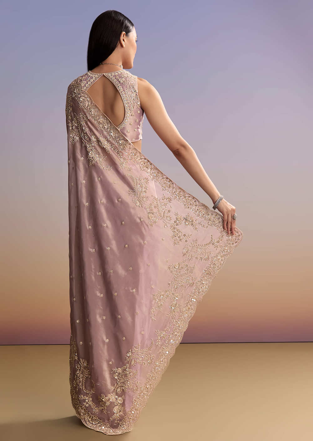 Lavender Tissue Saree With Zardosi And Sequin Embroidery