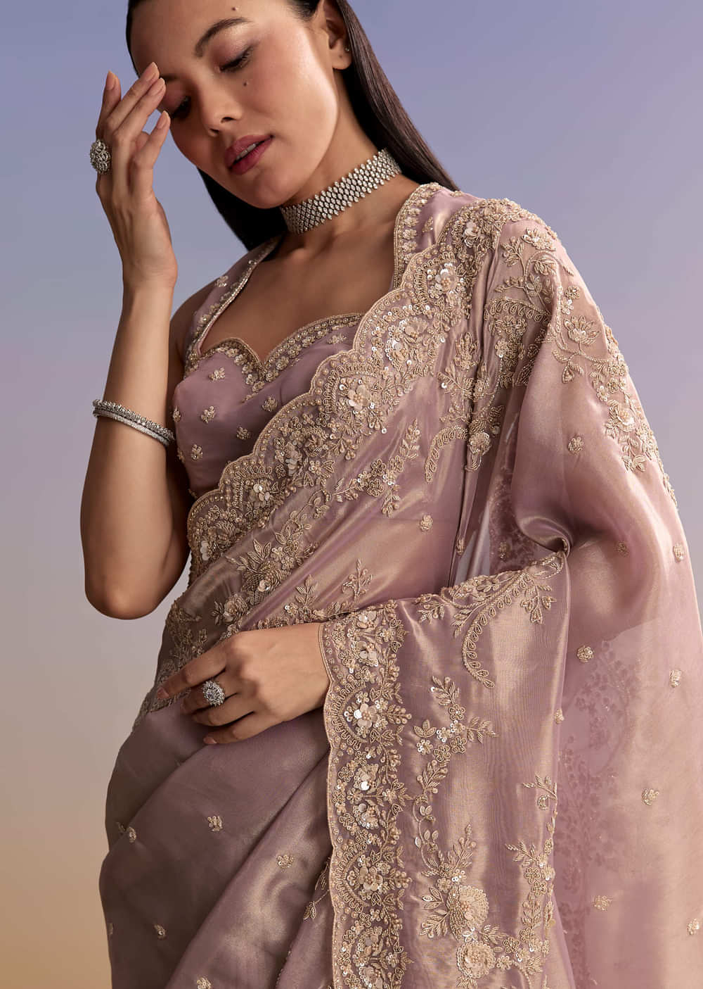 Lavender Tissue Saree With Zardosi And Sequin Embroidery