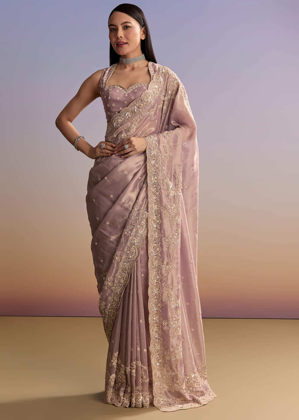 Lavender Tissue Saree With Zardosi And Sequin Embroidery