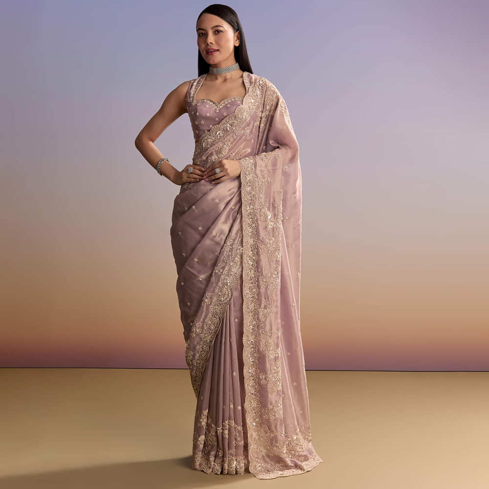 Lavender Tissue Saree With Zardosi And Sequin Embroidery