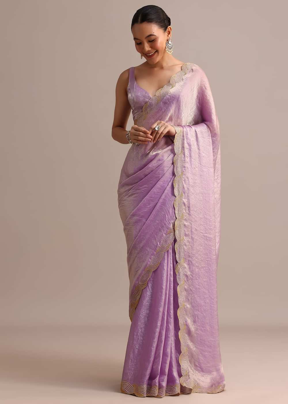 Lavender Tissue Saree With Zari Embroidered Border