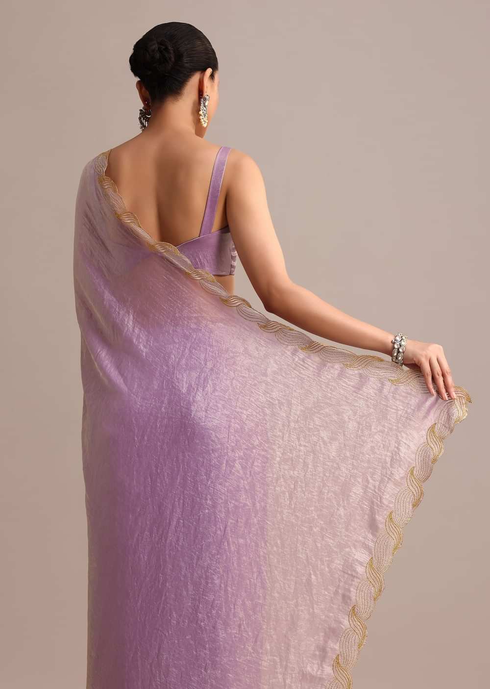 Lavender Tissue Saree With Zari Embroidered Border