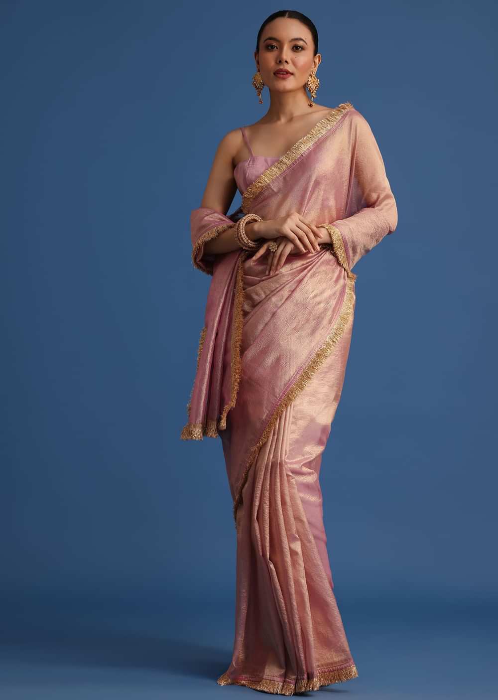 Lavender Tissue Silk Saree With Zari Frill Lace Border