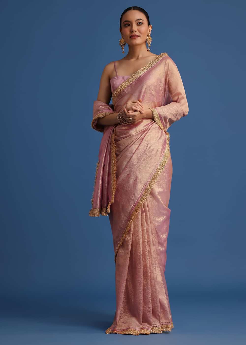 Lavender Tissue Silk Saree With Zari Frill Lace Border
