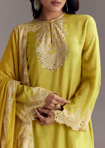 Lemon Green Printed Palazzo Set With Mirror Work